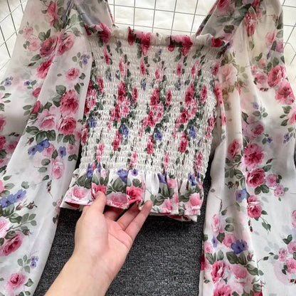 Pink Floral Chiffon Blouse Women Square Collar Lantern Sleeve Korean Fashion