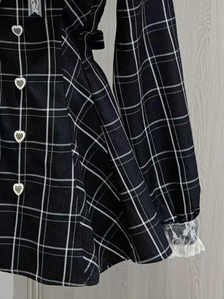 Japanese Lace Plaid Dress Kawaii Grunge Ruffled Long Sleeve Y2K JK Lolita