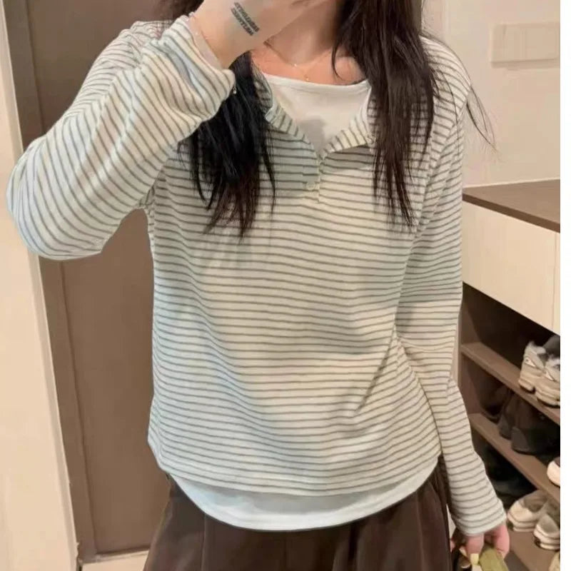 Women's Vintage Striped Fake Two-Piece Top