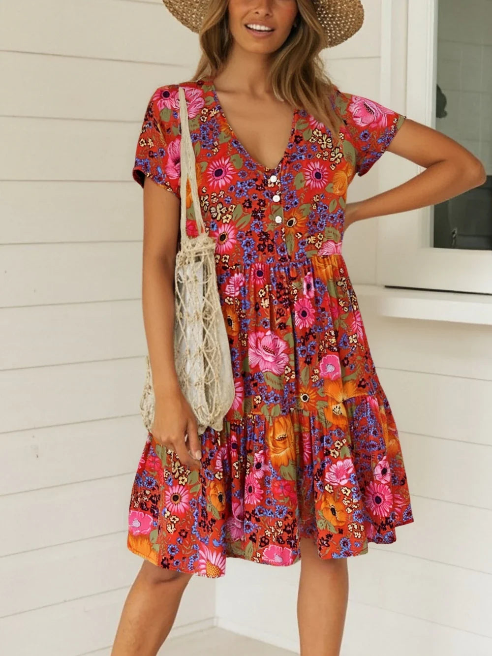 Women's Vintage Floral Print Boho Mini Dress