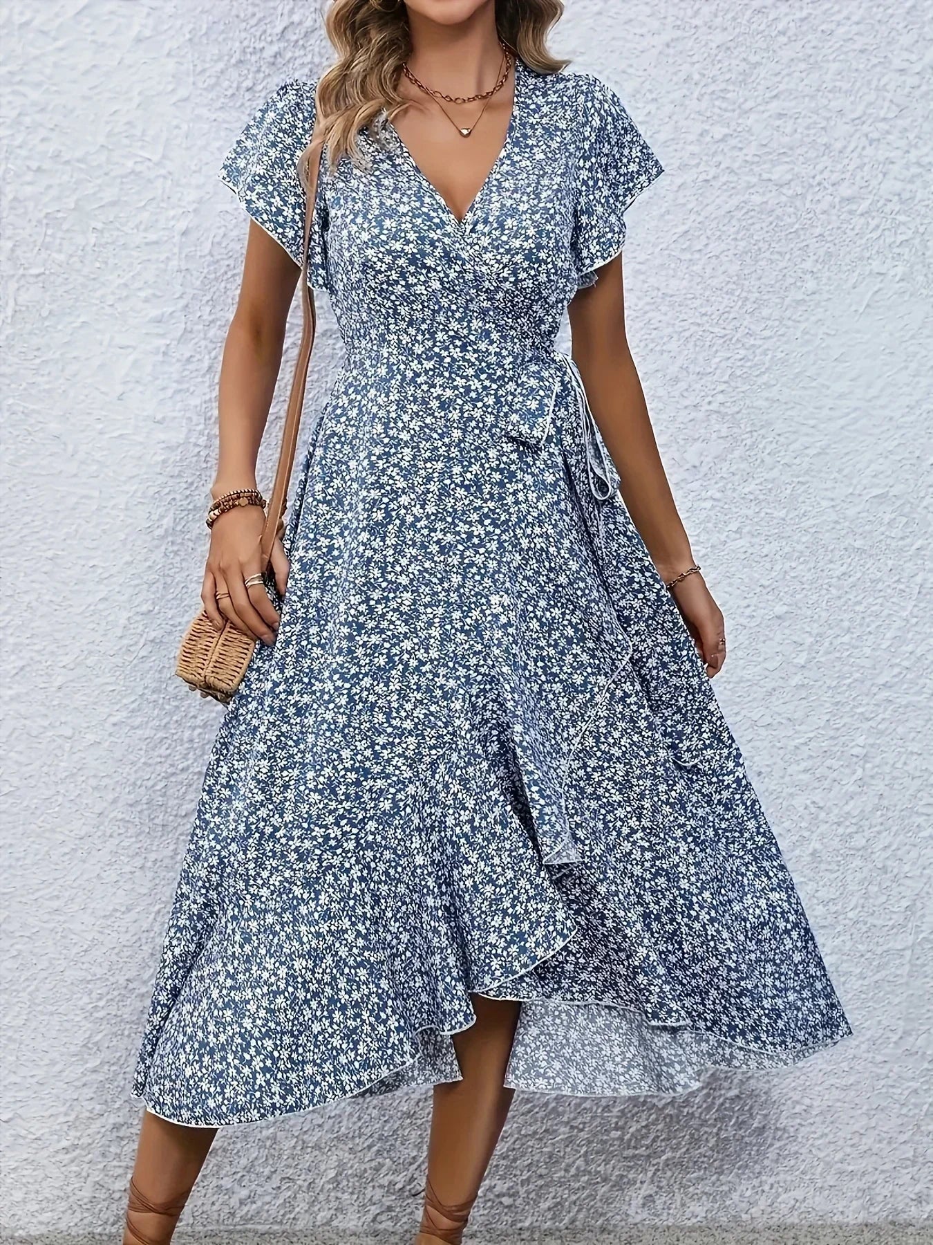 Women's Floral Print V-Neck Long Dress
