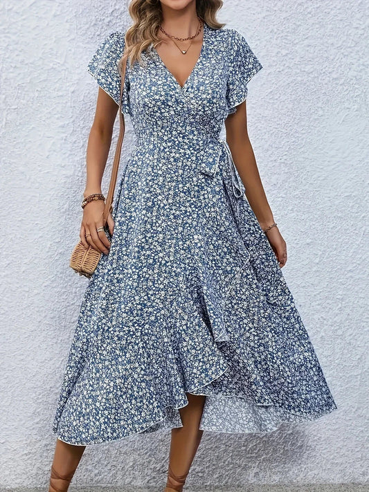 Women's Floral Print V-Neck Long Dress