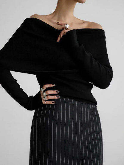 Off Shoulder Knit Sweater Long Sleeve Slim Fit Pullover