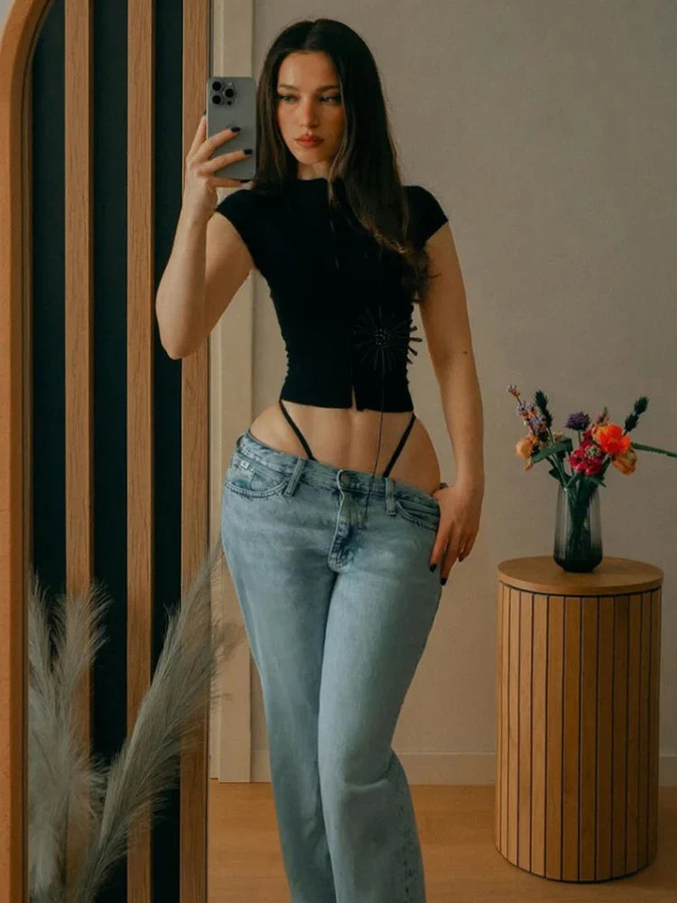 Short Sleeve O-Neck Tassel Applique Single-Breasted Slim Fit Crop Tee Streetwear