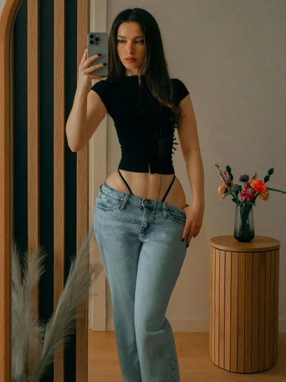 Short Sleeve O-Neck Tassel Applique Single-Breasted Slim Fit Crop Tee Streetwear