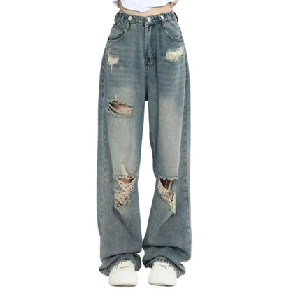 High Waist Distressed Wide Leg Jeans Ripped Loose Fit Retro