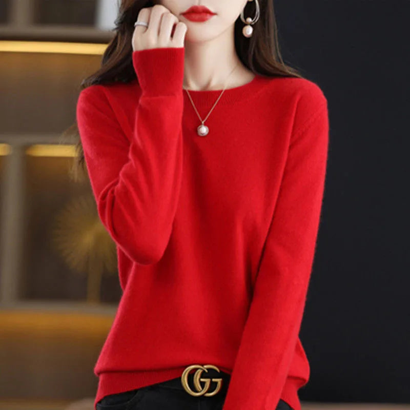 Round Neck Crochet Knit Sweater Long Sleeve Loose Fit Pullover
