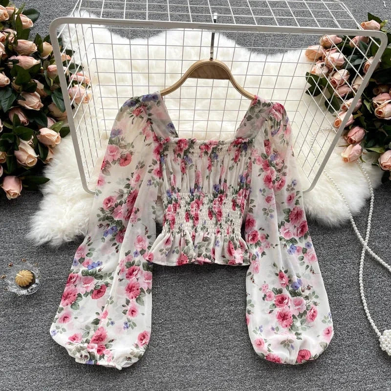 Pink Floral Chiffon Blouse Women Square Collar Lantern Sleeve Korean Fashion