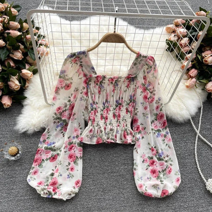 Pink Floral Chiffon Blouse Women Square Collar Lantern Sleeve Korean Fashion