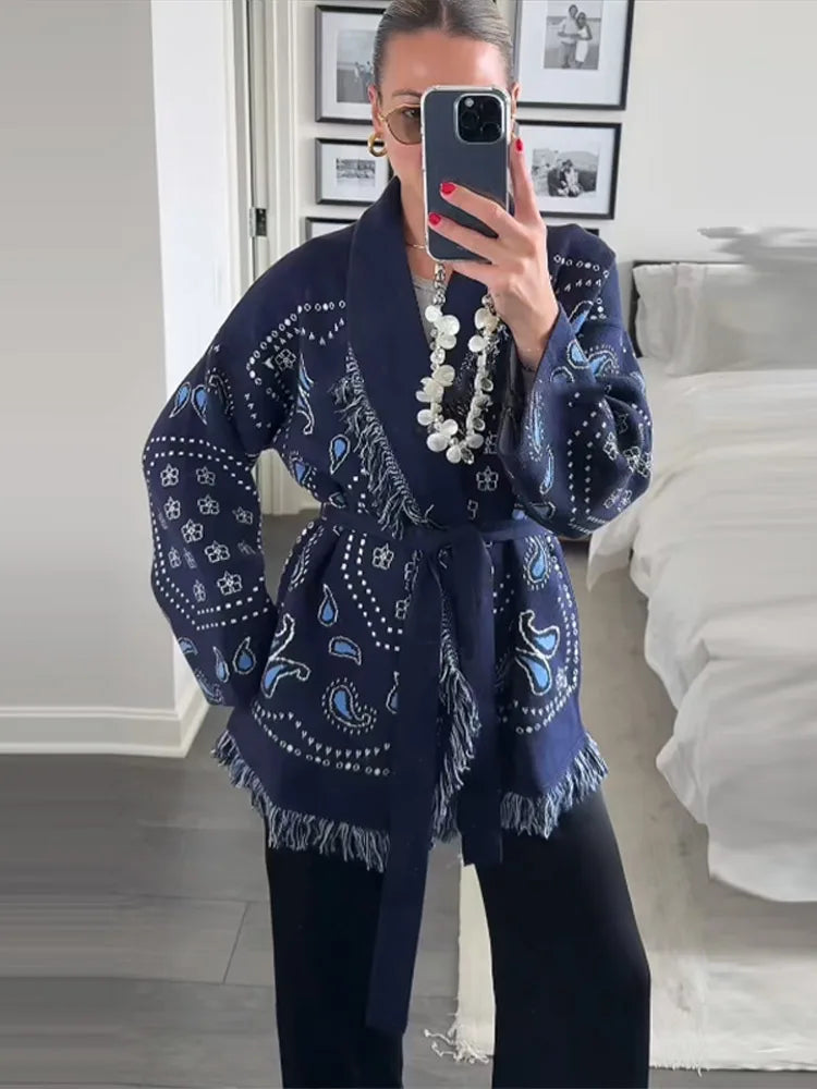 Women's Geometric Print Cardigan - Tassel Patchwork Knit Sweater