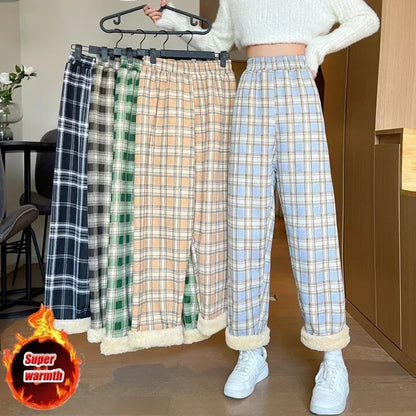 Plaid Wide Leg Plush Pants Warm Cashmere Loose Mid Waist Casual