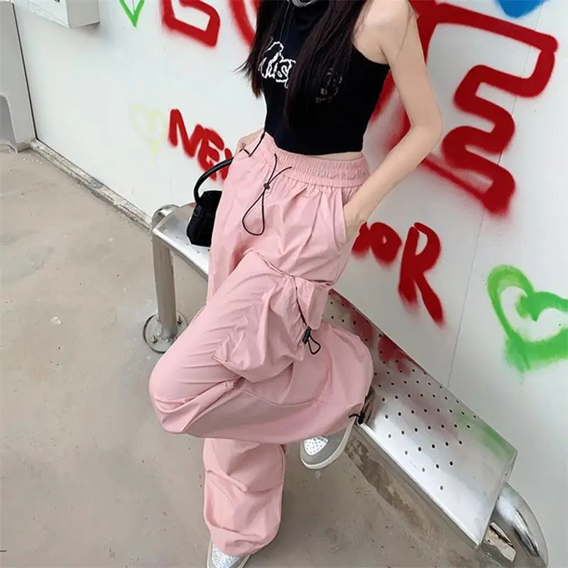 Parachute Cargo Pants High Waist Wide Leg Baggy Pockets Streetwear