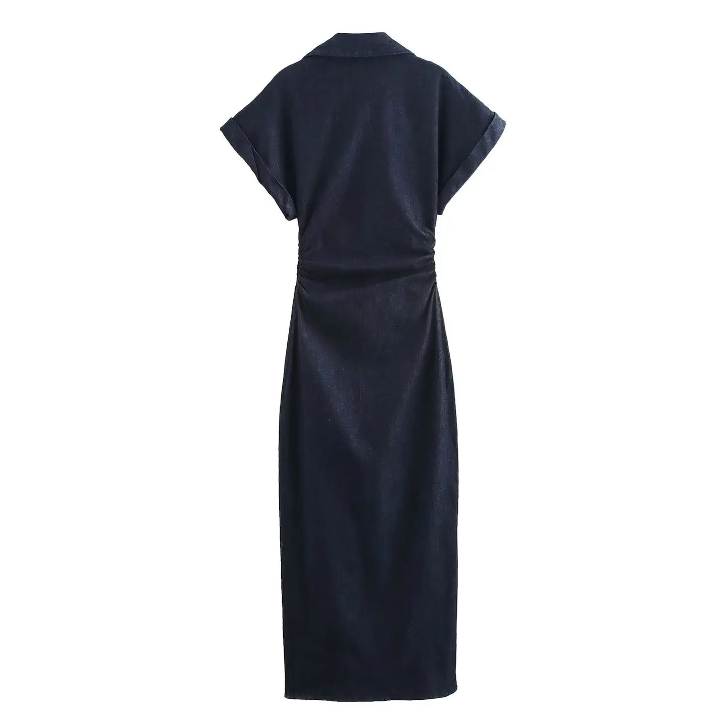Denim Midi Dress V-Neck Side Zipper Short Sleeve Slim Elegant