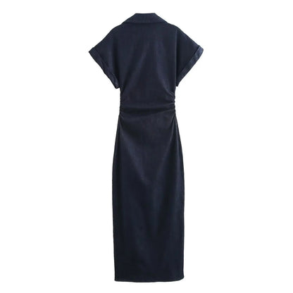Denim Midi Dress V-Neck Side Zipper Short Sleeve Slim Elegant