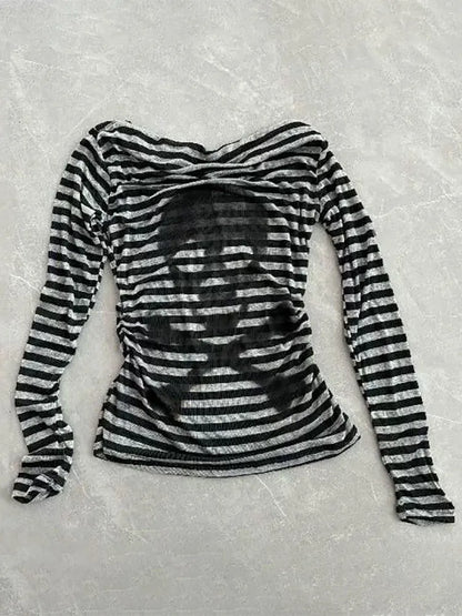 Gothic Skull Stripe Off-Shoulder Long Sleeve Tee