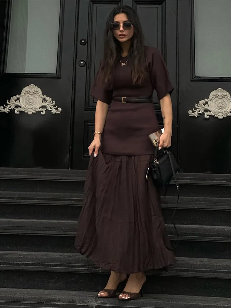 Women's Chic Splicing Maxi Dress - Half Sleeve Pleated A-Line Dress