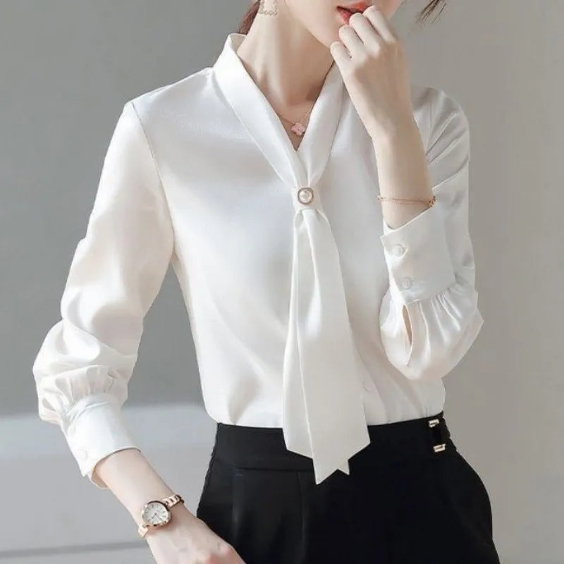 Women's Bow Tie Collar Blouse - Long Sleeve Casual Top