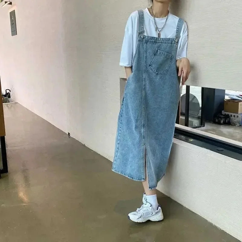 Denim Overall Spaghetti Strap Maxi Dress