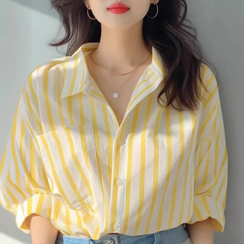 Women's Striped Shirt - Vertical Stripe Turn-Down Collar Long Sleeve Blouse