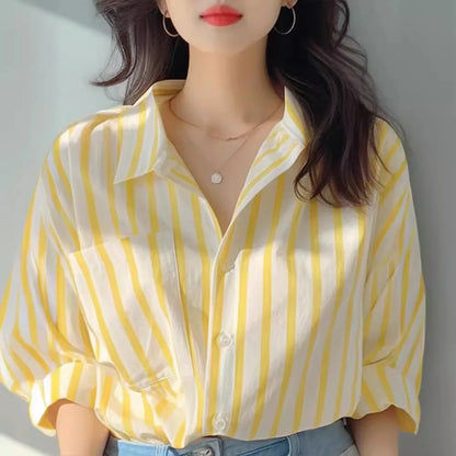Women's Striped Shirt - Vertical Stripe Turn-Down Collar Long Sleeve Blouse