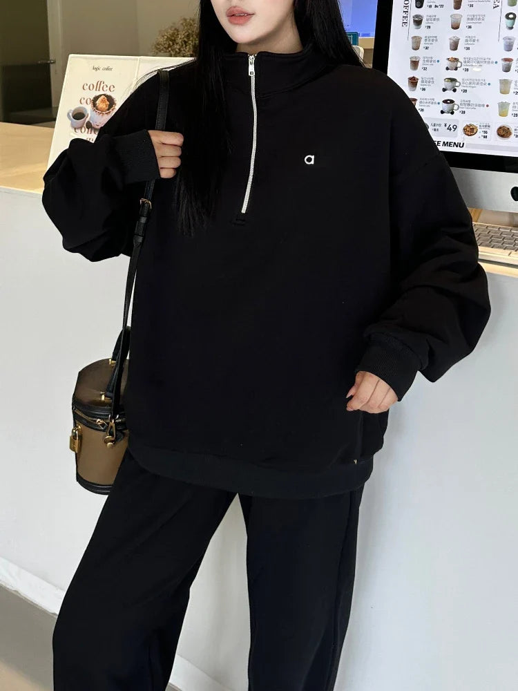 Women Casual Stand Up Collar Pullover Fashion Sports Fitness Hoodies Loose Long-Sleeved Zip Sweatshirt