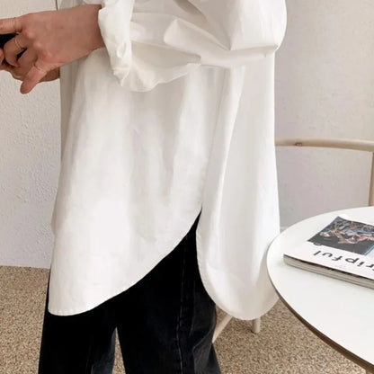 Turn-Down Collar Long Sleeve Cotton Blouse