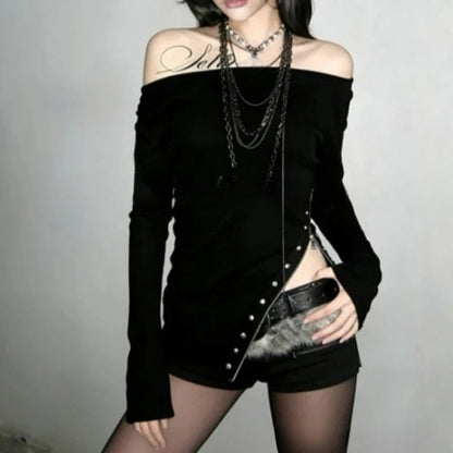 Y2K Gothic Women's Long-Sleeve T-Shirt Sexy Slim Fit Chic Slash Neck Zipper Design Crop Top Rock Punk Hip Hop Women's Streetwear