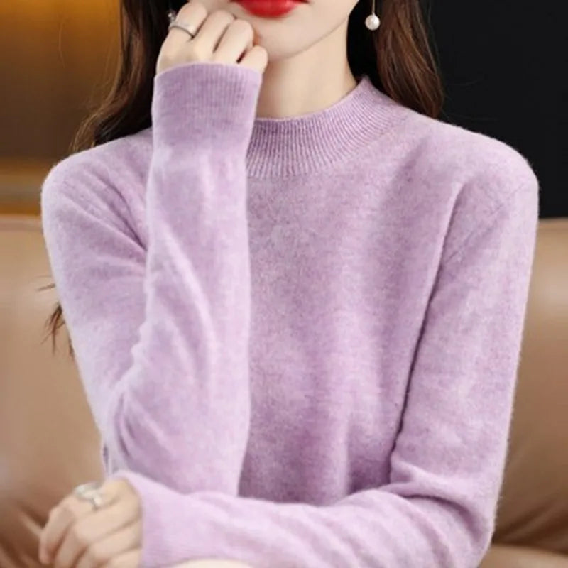 Mock Neck Cashmere Sweater Long Sleeve Loose Fit Pullover