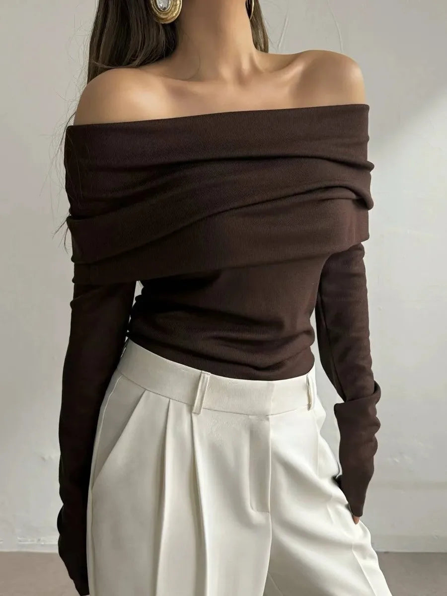 Off Shoulder Knit Sweater Long Sleeve Slim Fit Pullover