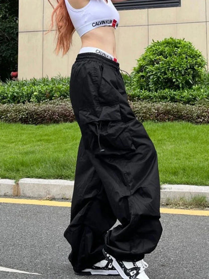 Parachute Cargo Pants High Waist Wide Leg Baggy Pockets Streetwear