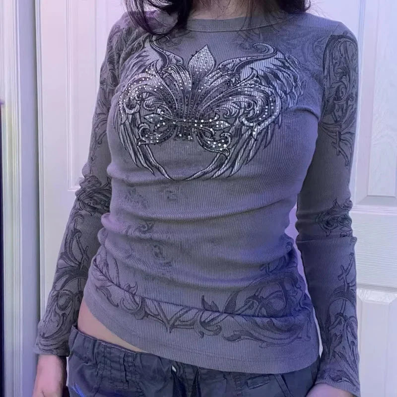 Goth Thermal T-shirt Skulls Graphic Print Long Sleeve Pullovers Tops Women 90s Vintage Aesthetic Tees