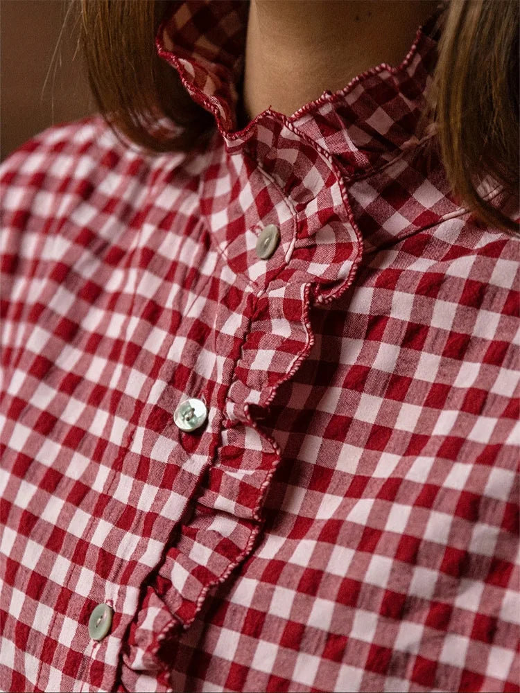 Women's Red White Gingham Ruffled Turtleneck Blouse Ruffle Front Long Sleeve Loose Fit Casual Office Daily Top