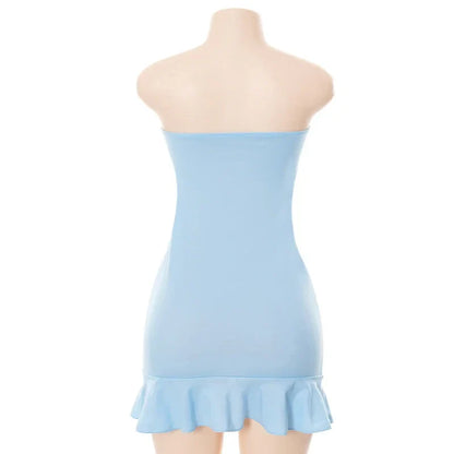 Women Soft Tender Slight Blue Strapless Wrap Hipster Mini Pleated Dress Pullover Sexy Charm Outfits Girls Dating Wear