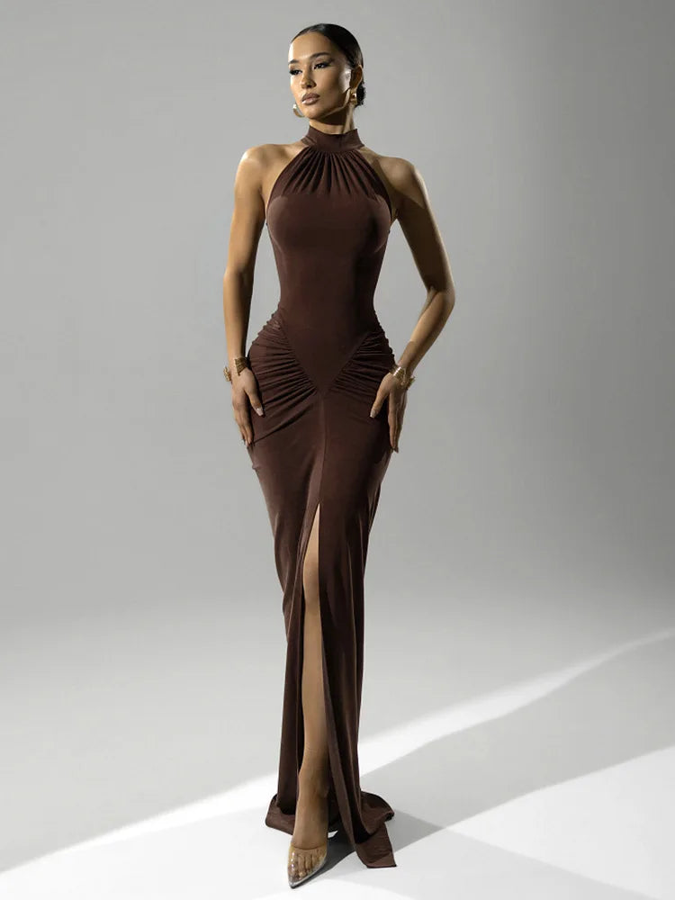 Women's Halter Ruched Maxi Dress - Sleeveless Evening Gown
