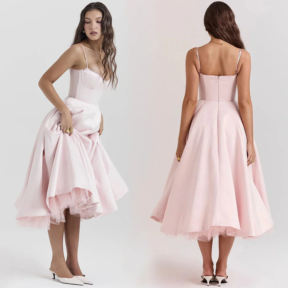 Women's Casual Spaghetti Strap A Line Flowy Midi Dresses Party Evening Gown Backless Elegant Wedding Guest Dress with Pockets