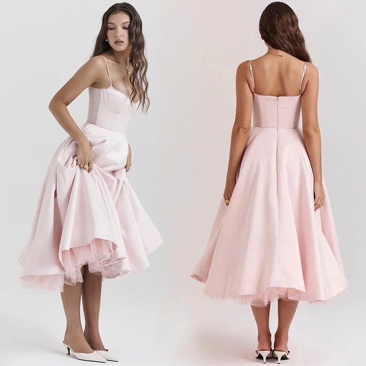 Women's Casual Spaghetti Strap A Line Flowy Midi Dresses Party Evening Gown Backless Elegant Wedding Guest Dress with Pockets