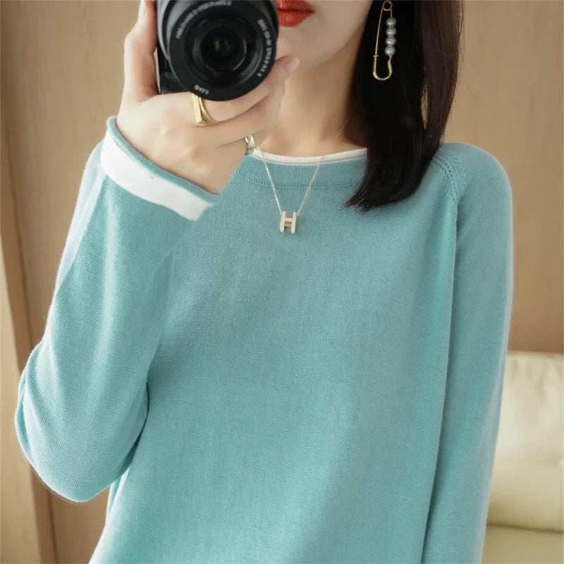 Round Neck Cotton Knit Sweater Long Sleeve Regular Fit