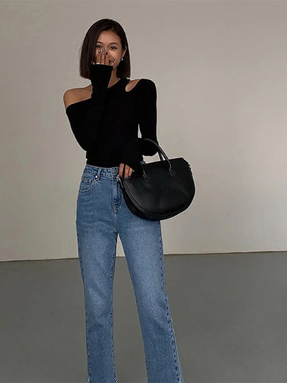 Skew Collar Off-Shoulder Hollow Out Long Sleeve Crop Top