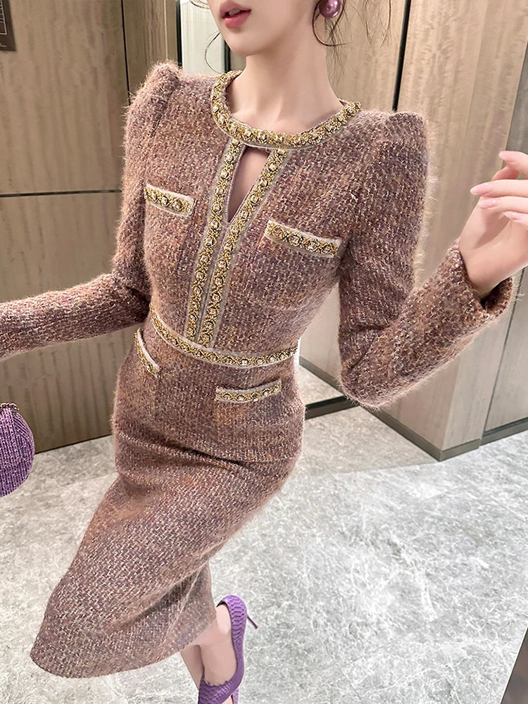 Women's Vintage Tweed Hollow Midi Dress