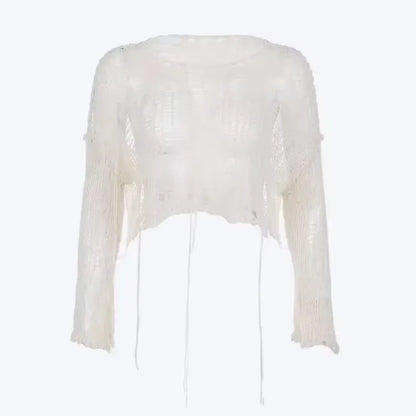 Round Neck Hollow-Out Ripped Cropped Knit Top Long Sleeve Loose Fit
