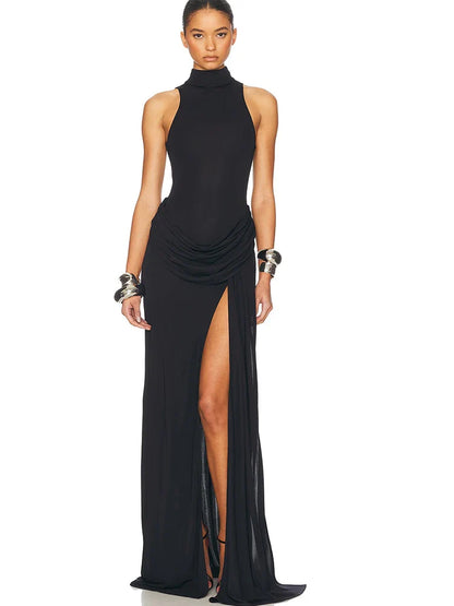 Turtleneck High Slit Sleeveless Sheer Maxi Dress