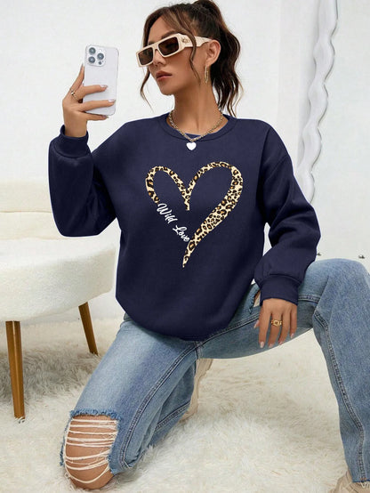 Round Neck Cartoon Print Sweatshirt Long Sleeve Loose Fit with Fur Liner