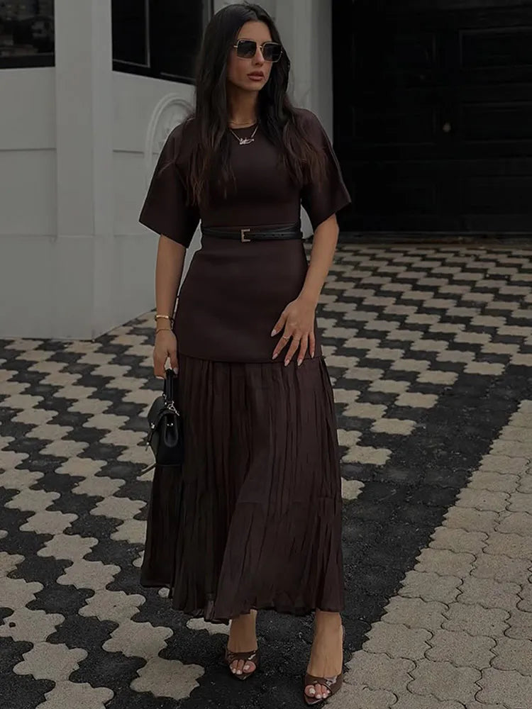 Women's Chic Splicing Maxi Dress - Half Sleeve Pleated A-Line Dress