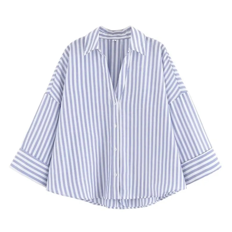 Women's Wide Sleeve Linen Shirt - Asymmetric Hem Button-Up Blouse