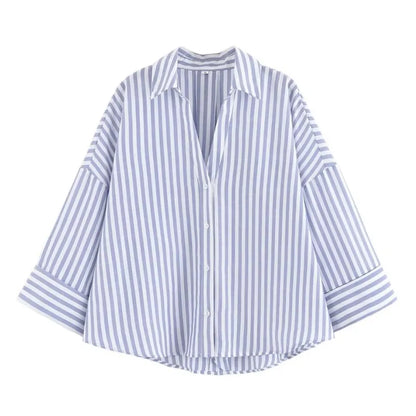Women's Wide Sleeve Linen Shirt - Asymmetric Hem Button-Up Blouse