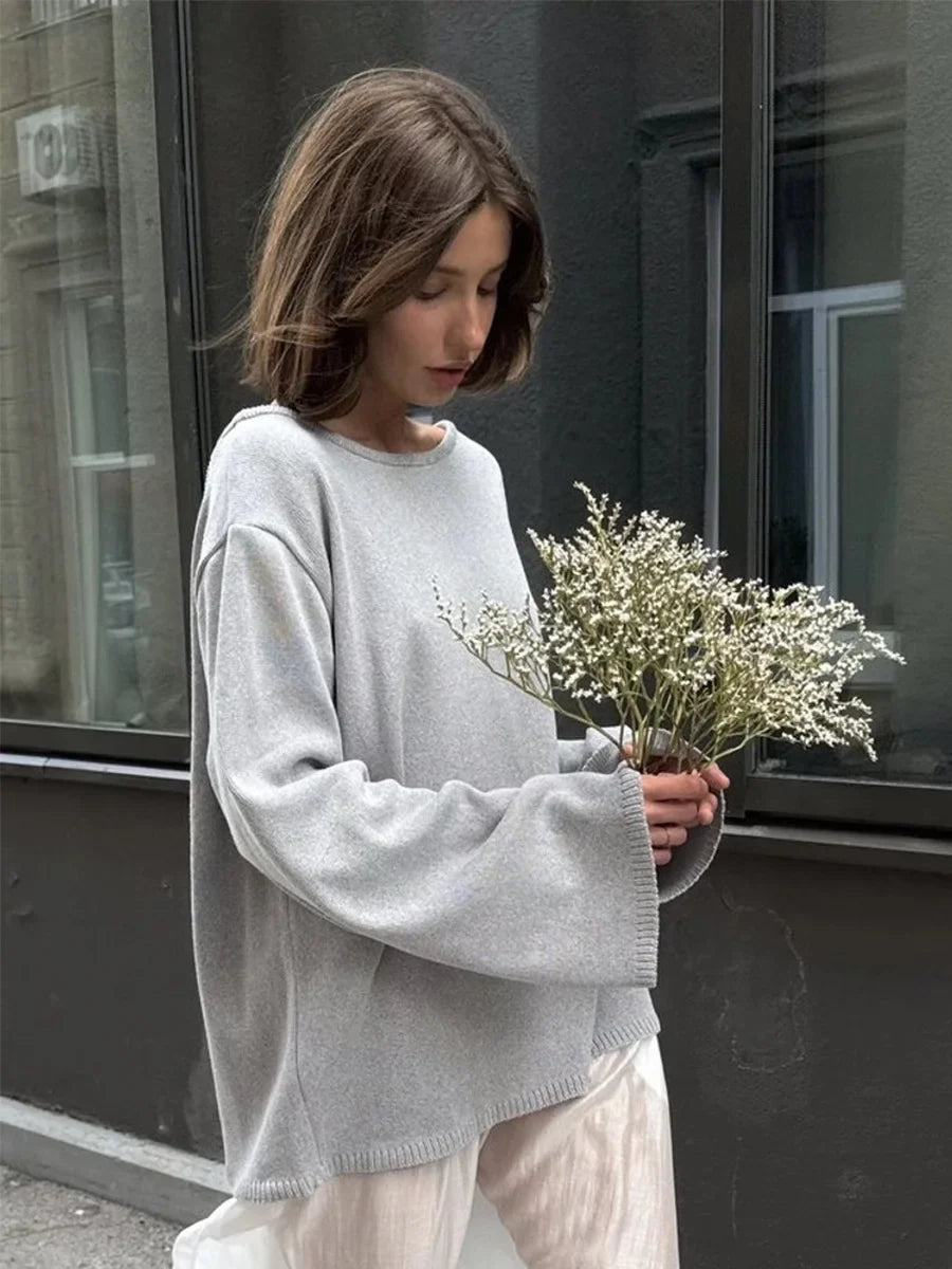 Round Neck Backless Knit Sweater Long Sleeve Loose Fit Hollow-Out