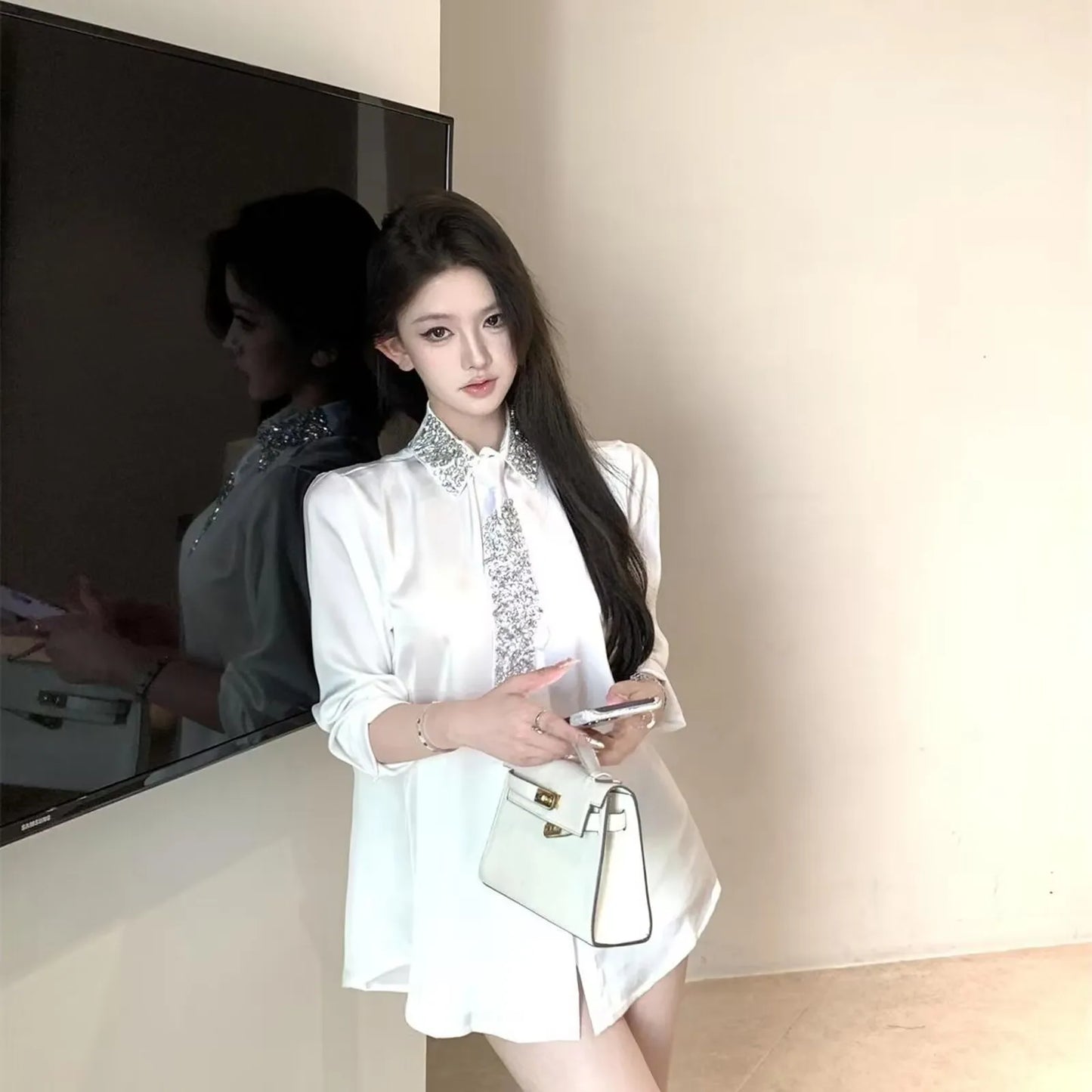 Women's White Shirt New Spring Autumn Crystal Beading With Necktie Chiffon Shirt Female Blouses Ladies Tops Women Clothing