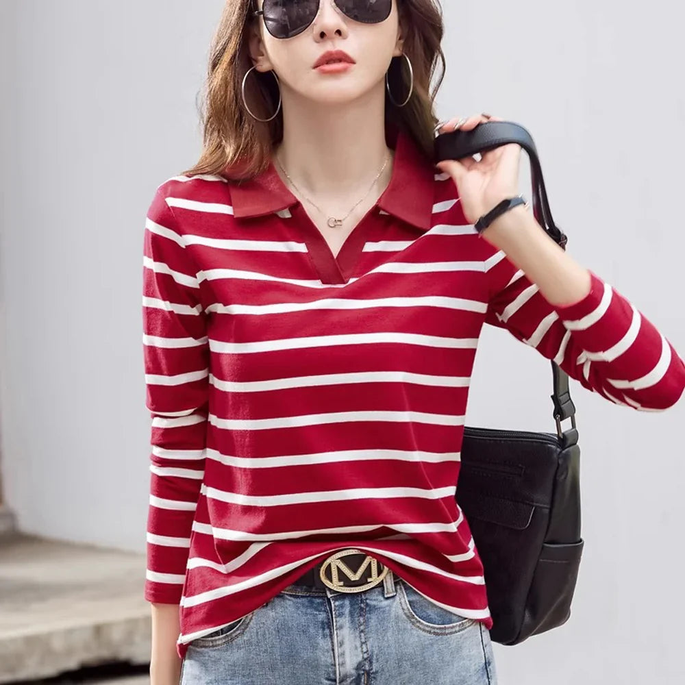 Women's Striped T-Shirt - Korean O-Neck Long Sleeve Patchwork Top