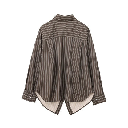 Women's Striped Button-Up Shirt - Long Sleeve Turn-Down Collar Blouse