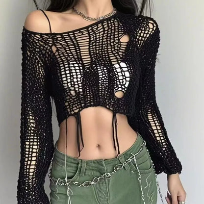 Round Neck Hollow-Out Cropped Knit Top Long Sleeve Loose Fit